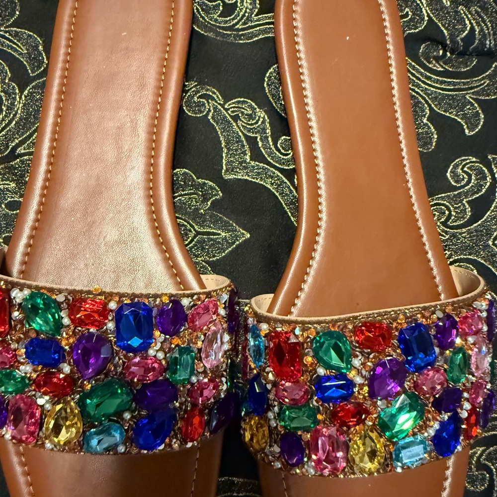 Embellished Multicolor Jewel Slide Sandals - Women